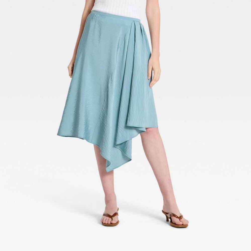 Women's Asymmetrical Hem Midi Skirt - Blue XS